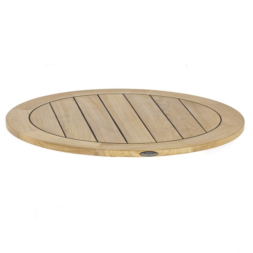 15761 Vogue 24 inch diameter Round teak Table Top showing sikaflex marine sealant between teak slats side angle view on white background