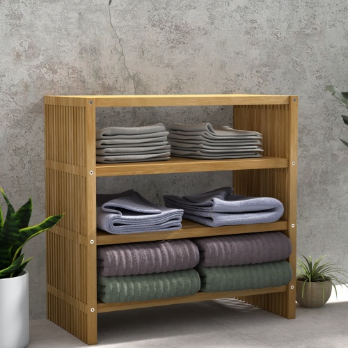 18220 Teak Storage Shelf with towels rolled up on 3 shelves and open white towel on top on white background