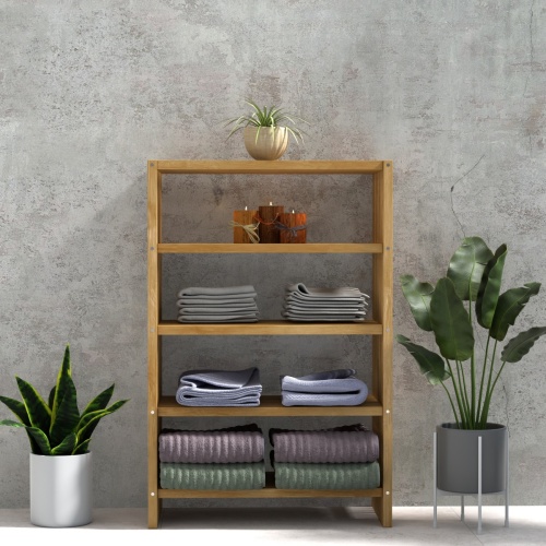 18221 teak storage shelf 48 inch height angled view with white towels rolled up on white background