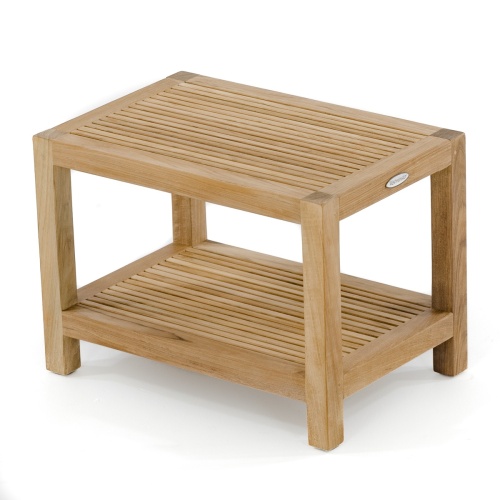 18627 teak shower bench with shelf angled view on white background