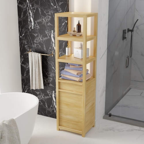 18815f Pacifica teak Linen Tower angled view with linen drawer open on white background