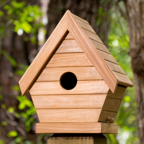 19003 teak bird house angled right side on white background