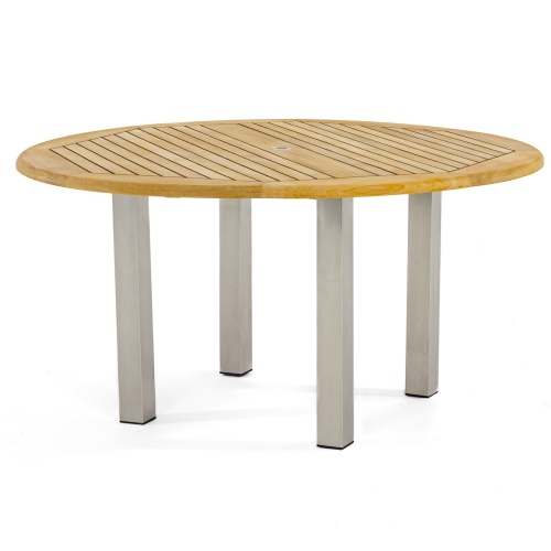 25014 Vogue 5 ft Round Teak and Stainless Steel Dining Table side angled view on white background