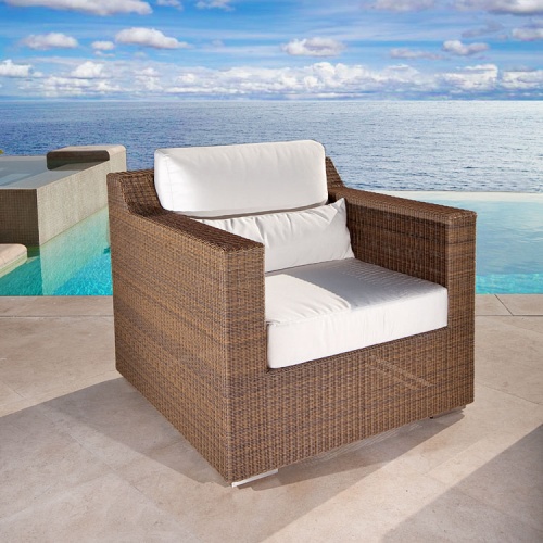 31001dp Malaga deep seat synthetic wicker armchair with canvas colored cushions front angle view on white background