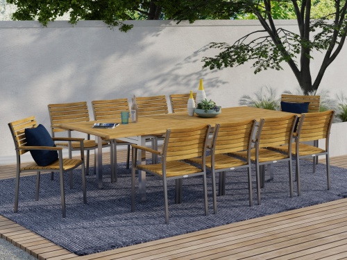 70055 Vogue 11 piece Dining Set in angled side view with Vogue Rectangular Table and 10 Dining Armchairs with optional seat cushions on white background 