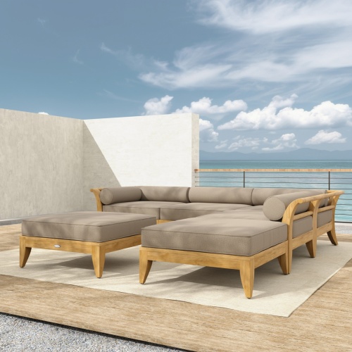 70121 Aman Dais 6 piece teak sectional set side angled view with cushions on white background