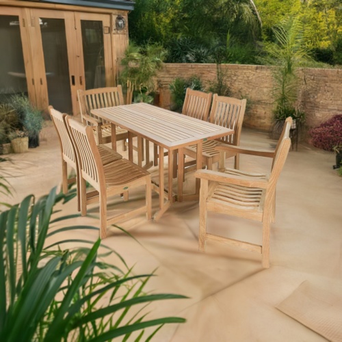 70165 Nevis Veranda 7pc Teak Dining Set of the Nevis Teak 60 inch Rectangular Folding Table and 2 Veranda Dining Arm Chairs and 4 Veranda Side Chairs on a white background
