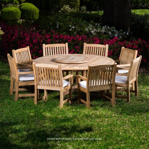 70173 Buckingham 9 pc teak Dining Set with optional teak lazy susan in center of table side view on white background