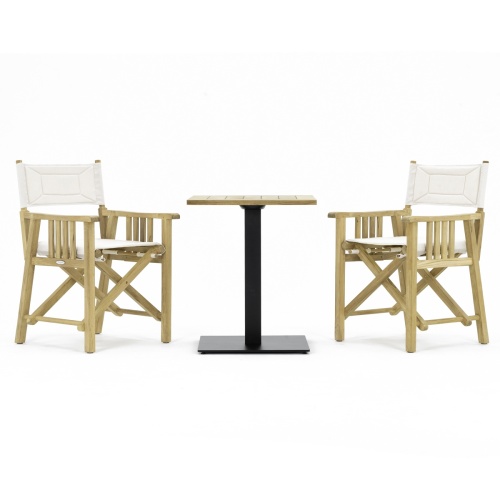 70191 Barbuda 3 pc Teak Bistro Set of Vogue Teak 24 Inch Square Table and 2 Barbuda Director Chairs side view on white background