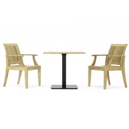 70196 Laguna 3 pc Teak Bistro Set of a Teak Square 32 Inch Table and 2 Laguna Teak Dining Armchairs in side view on a white background