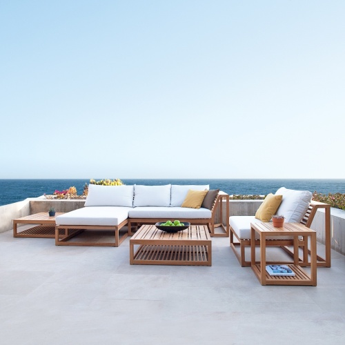 70231 Maya 6pc Lounge Set of Maya Daybed Sectional and Left Side Sectional and Slipper Chair and 2 Ottomans and Side Table in side view on white background