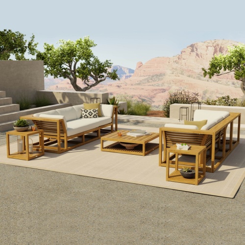 70234 Maya 7 pc Twin Sofa Set of Maya 2 Corner Sectionals and a Left and Right Side Sectionals and 2 End Tables and a Coffee Table in angled end view on white background 