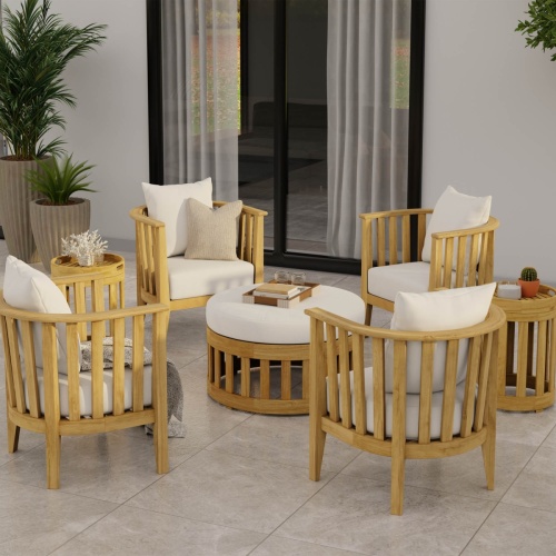 70271 Kafelonia 7 piece Lounge Set of 4 Kafelonia Club Chairs and 2 Side Tables and Coffee Table Ottoman in angled aerial view on white background