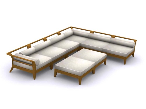 70285 Aman Dais 11 pc L Lounge Set in aerial angled view on covered tiled patio with landscape plants and fence in the background