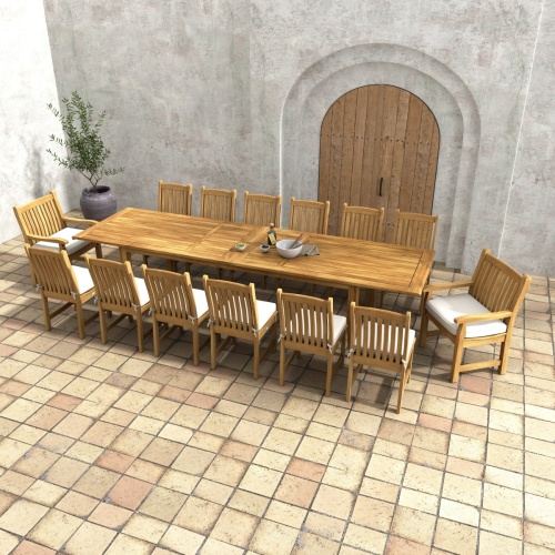 70361 Laguna Veranda 15 piece teak Dining Set of 2 Veranda dining armchairs and 10 side chairs with optional cushions and teak rectangular dining table in angled side view on white background