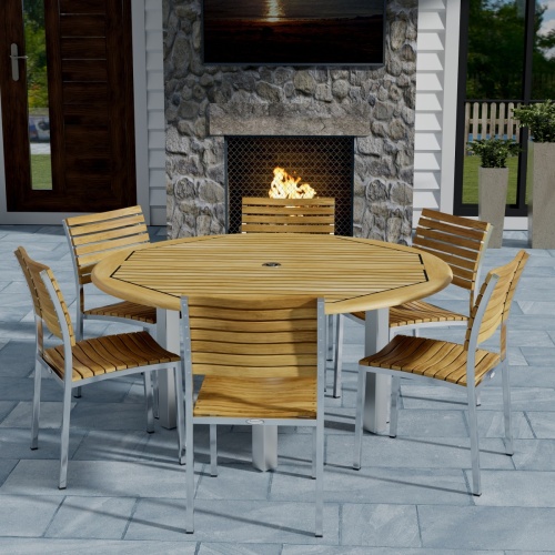 70439 Vogue Dining Set for 6 of Vogue Teak and Stainless Steel 60 inch Round Dining Table and 6 Vogue Side Dining Chairs angled side view on white background