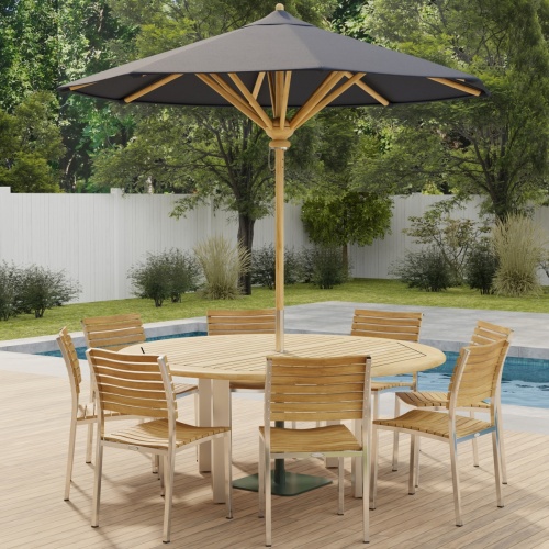 70444 Vogue Teak Dining Set for 8 of  Vogue 6 ft Round Table and 8 Vogue Side Chairs in angled top view on white background