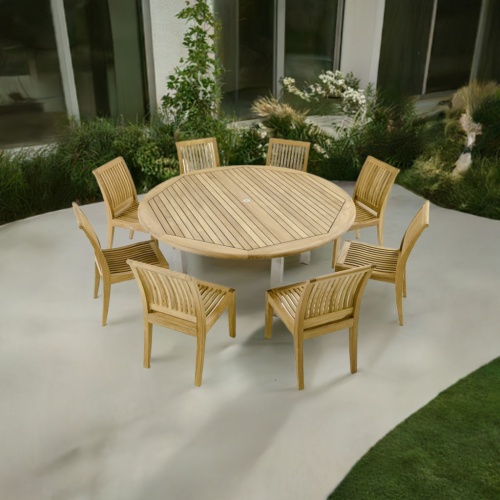 70488 Vogue Laguna Dining Set of 8 teak side chairs and a teak 72 inch round dining table angled side view on white background