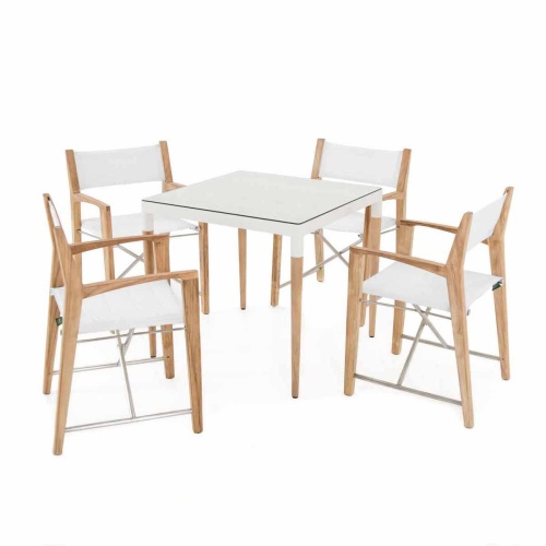 70489 Odyssey Bloom Dining Set of 4 Odyssey folding chairs and a Bloom teak and powder coated aluminum 32 inch square dining table with glass tabletop on white background