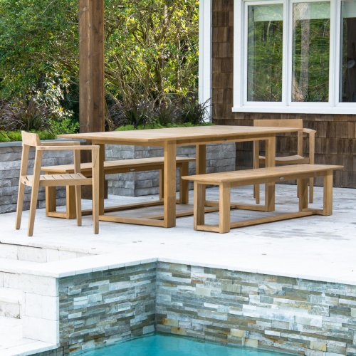 70496 Horizon Table & Bench Set of Horizon Rectangular Dining Table and 2 Teak Benches and 2 Dining Armchairs in angled side view on white background 