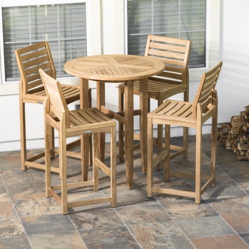 70532 Teak 5 piece Bar Table Set of 4 Somerset barstools and Laguna Table on white background