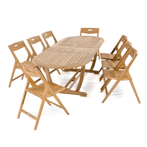 70537 Montserrat Surf 9 pc Dining Set of Monserrat Oval Dining Table and 8 Surf Folding Chairs angled end view on white background