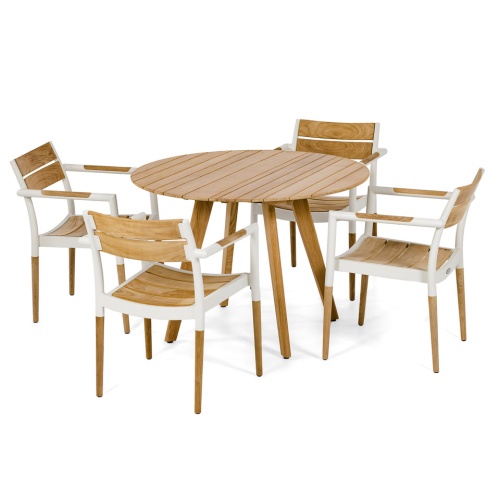 70545 Bloom Surf 5 piece Dining Set of Surf 42 inch round teak dining table and 4 Bloom teak and powder coated aluminum dining chairs angled on white background