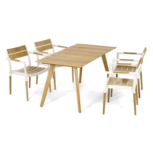 70565 Surf Bloom 5 piece Dining Set of Surf teak 5 foot long rectangular dining table and 4 Bloom teak and powder coated aluminum dining chairs end view on white background
