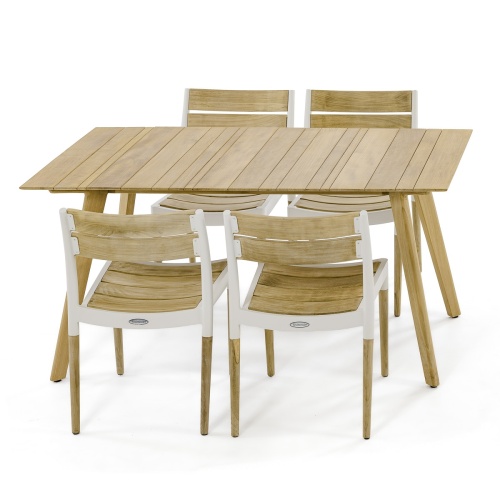 70566 Surf Bloom 5 piece Dining Set of 4 Bloom teak and powder coated aluminum dining chairs and Surf 5 foot rectangular teak table side angled view on white background