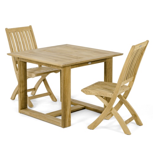 70582 Horizon Barbuda 3 piece teak Dining Set of 2 Barbuda teak folding side chairs and Horizon teak 39 inch square dining table angled view on white background