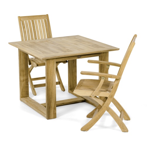70584 Horizon Barbuda teak 3 piece Dining Set of Horizon teak 39 inch square dining table and 2 Barbuda teak folding dining chairs on white background
