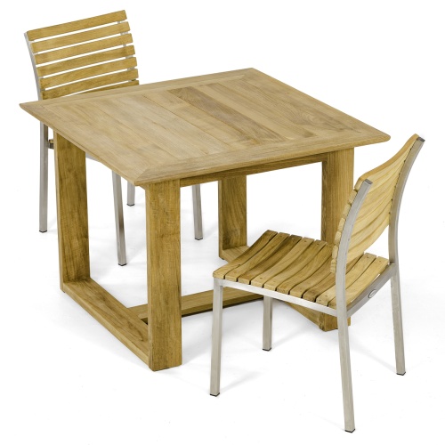 70585 Horizon Vogue 3 piece Dining Set of 2 Vogue teak and stainless steel side chairs and a Horizon teak 39 inch square dining table on white background
