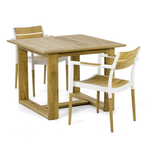 70587 Horizon Bloom 3 piece Dining Set of Horizon teak 39 inch square dining table and 2 Bloom teak and powder coated aluminum dining chairs angled view on white background