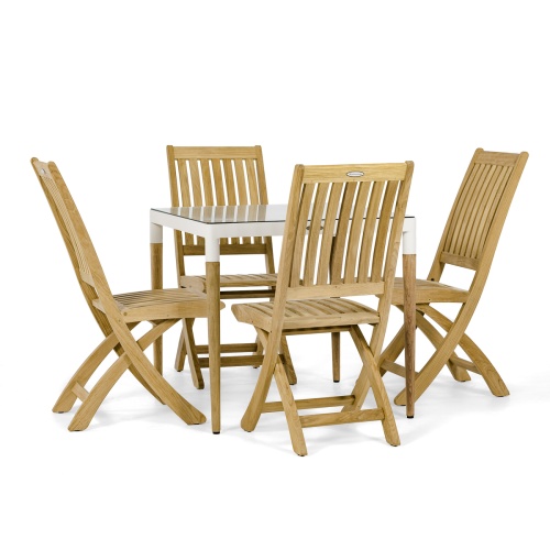 70601 Bloom Barbuda 5 piece Dining Set of Bloom 32 inch square teak and powder coated aluminum dining table and 4 Barbuda teak folding side chairs on white background 