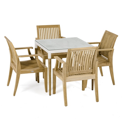 70611 Bloom Laguna 5 piece Dining Set of 4 Laguna teak dining chairs and Bloom 32 inch square teak and powdered coated aluminum dining table on white background