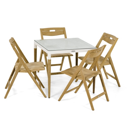 70613 Bloom Surf 5 piece Dining Set of 4 Surf folding teak side chairs around a 32 inch square teak and powder coated aluminum Dining Table with glass top on white background