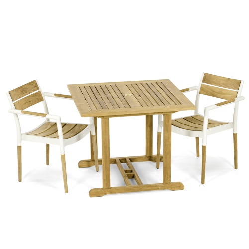 70628 Bloom teak and powder coated aluminum Dining Set showing 2 teak and powder coated aluminum dining chairs and a teak 36 inch square dining table on white background