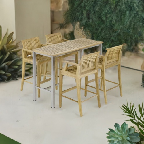 70632 Laguna 5 piece Dining Barstool Set of 4 Laguna teak barstools with arms and Vogue stainless steel and teak rectangular table angled on a white background