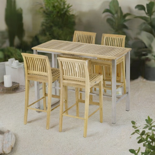70633 Vogue Laguna 5 piece Bar Set of 4 teak side barstools and a teak and stainless steel 5 foot long rectangle table angled side view on white background