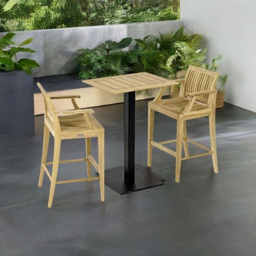 70642  Laguna Barstool 3pc Teak Bar Set of Rectangular Teak Table Top on Black Gar Base and 2 Laguna Barstools angled aerial view on white background