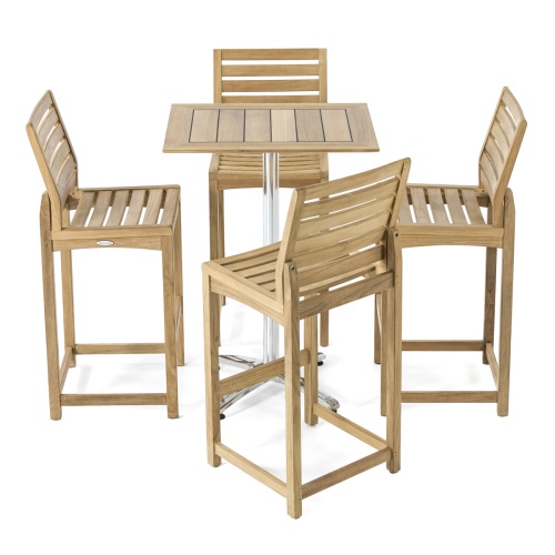 70663 Vogue Rectangular Teak and Stainless Steel Bar Set of 4 Somerset teak barstools and Rectangular Teak and Stainless Steel bar table on white background