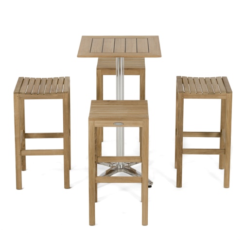 70670 Somerset 5 piece Pub Bar Table and 4 teak Backless Barstools Set on white background