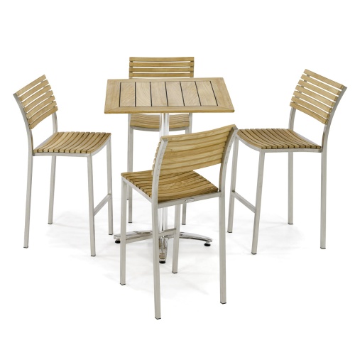 70688 Vogue 5 piece Teak and Stainless Steel Bar Set of 4 teak and stainless steel barstool and 30 inch square teak and stainless steel bar table on white background