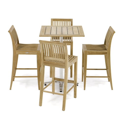  70702 Laguna 5 piece Pub Set of 4 Laguna Side Barstools and 30 inch Square Teak and Stainless Steel Pub Table on white background