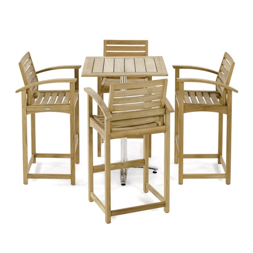 70703 Somerset Vogue Teak and Stainless Steel Bar Set of 4 Somerset Teak Barstools and Vogue Teak and Stainless Steel 30 inch Square Bar Table on white background