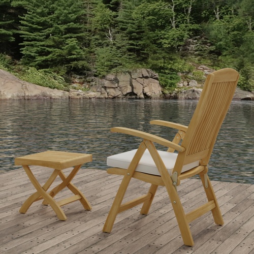 70706 Barbuda Teak Recliner & Ottoman Side Table Set with optional cushions angled front view on white background