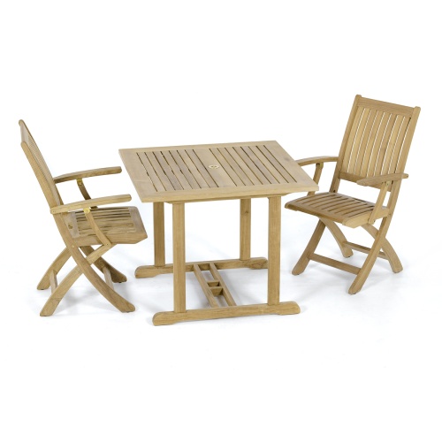 70740 Barbuda 3 piece Square Bistro Set of 2 Barbuda Dining Chairs and a 36 inch Square Teak Dining Table aerial angled view on white background 