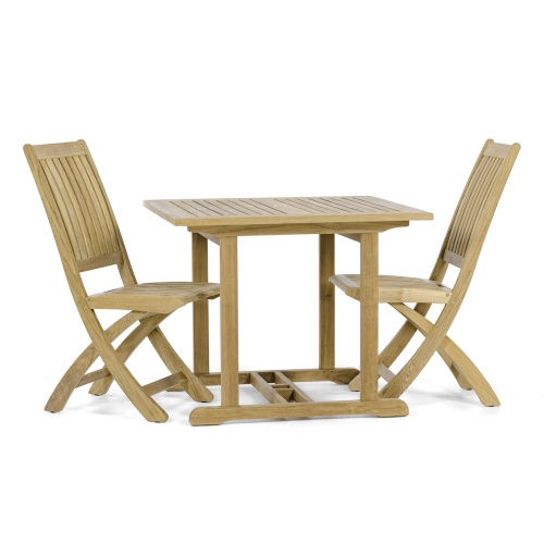 70741 Square Teak 3 piece Bistro Set of 2 Barbuda folding dining chairs and teak 36 inch square dining table side angled on white background 