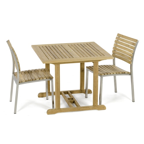 70744 Vogue 3 piece Square Bistro Set of teak 39 inch square table and 2 teak and stainless steel dining side chairs angled top view on white background 