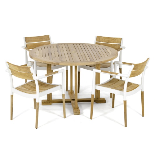 70748 Round Bloom Teak Dining Set of 4 teak and white powder coated aluminum dining side chairs and 48 inch round teak dining table angled on white background